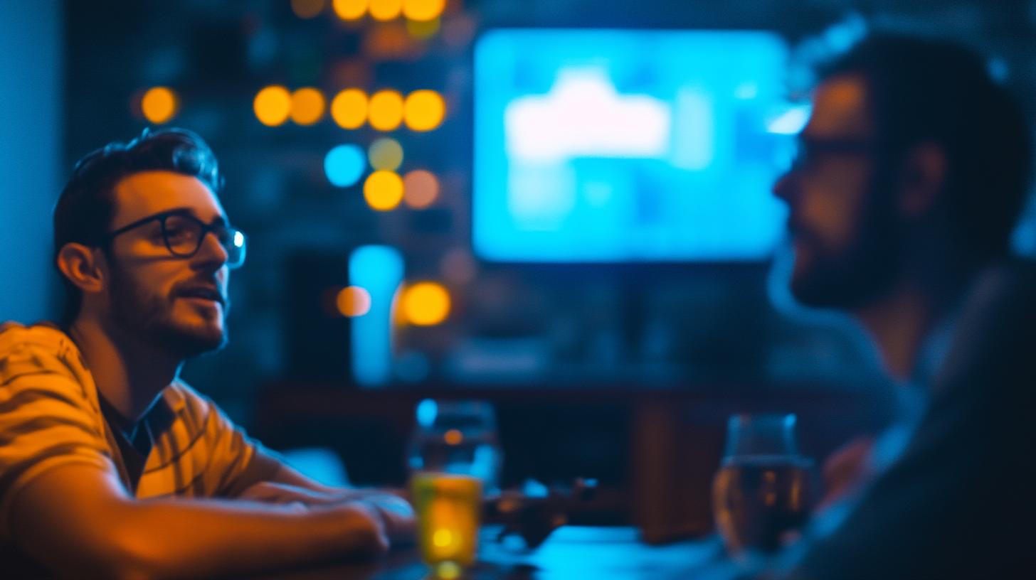 Two people sitting at a dimly lit bar enjoying drinks with blurred lights and a television screen in the background.