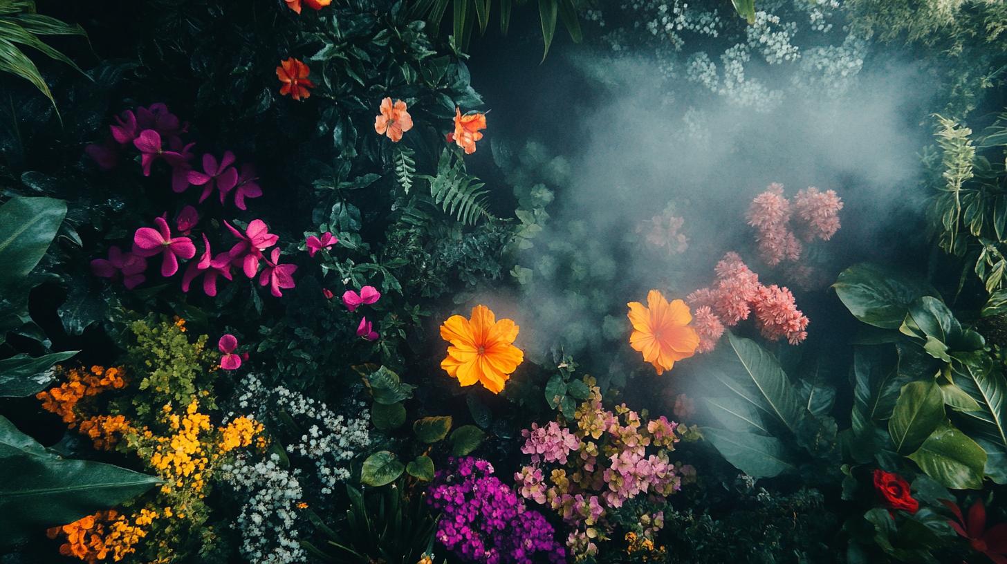 Vibrant flower garden with various colorful blooms surrounded by lush greenery and a mystical mist.