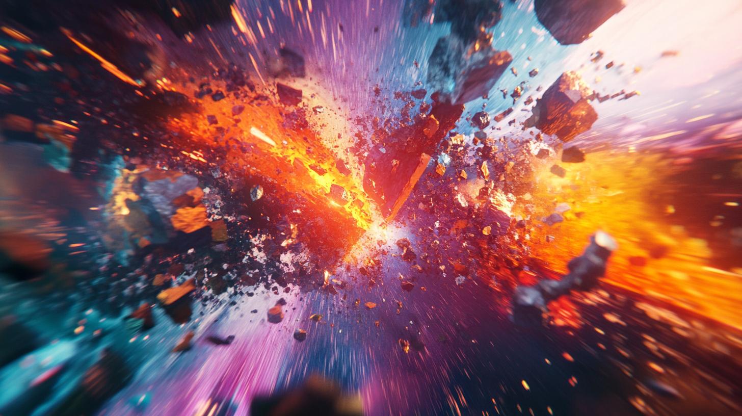 Abstract colorful explosion with vibrant red orange and blue hues showcasing dynamic movement and energy in space art.