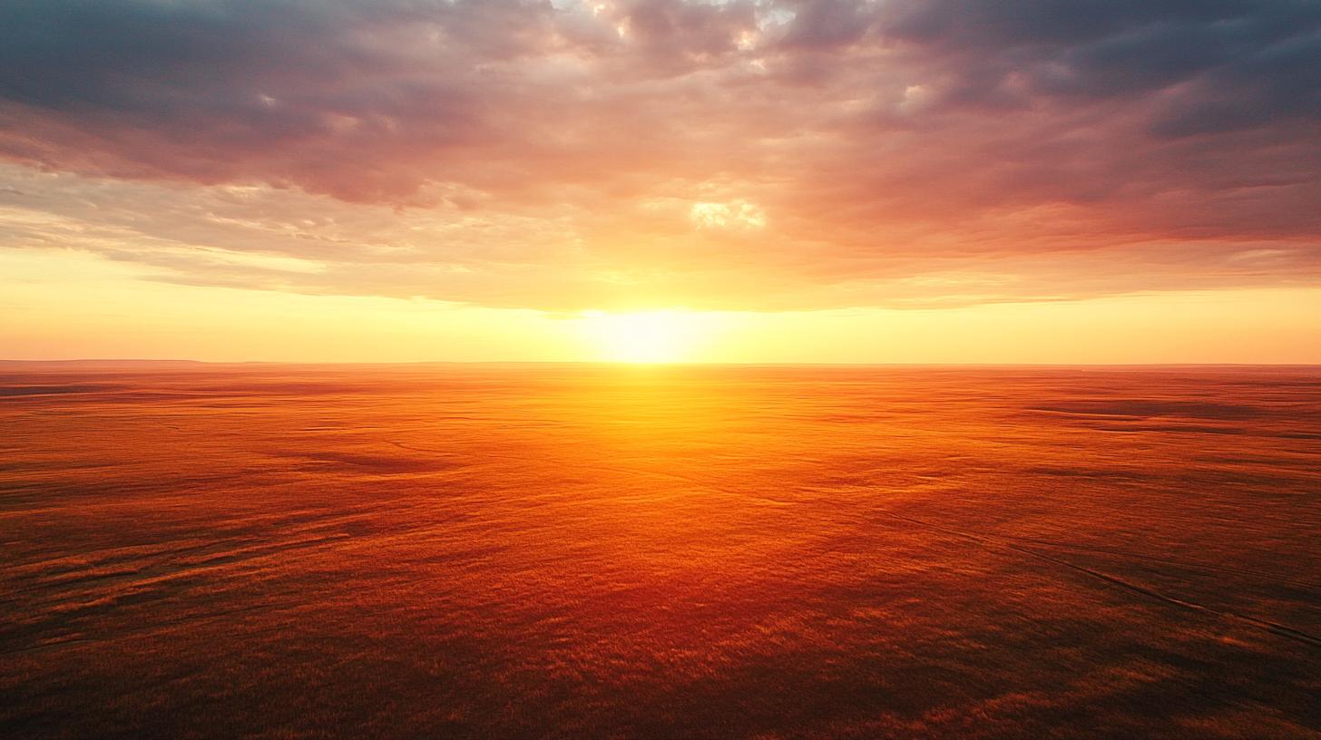 Vibrant sunset over a vast grassy landscape with dramatic clouds in the sky.