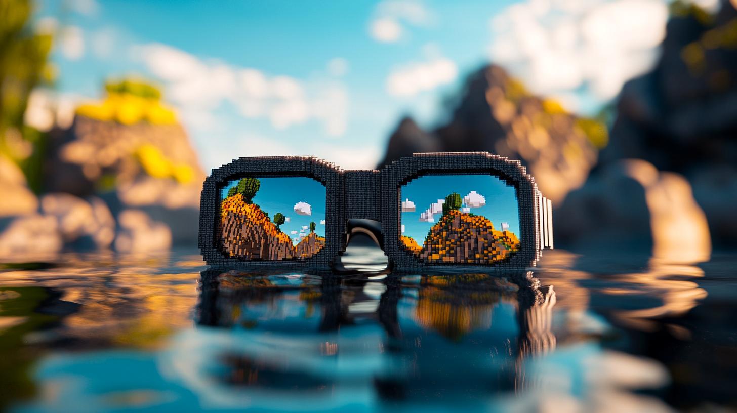 Pixel art virtual reality glasses floating on water reflecting a digital landscape with colorful mountains and clouds.