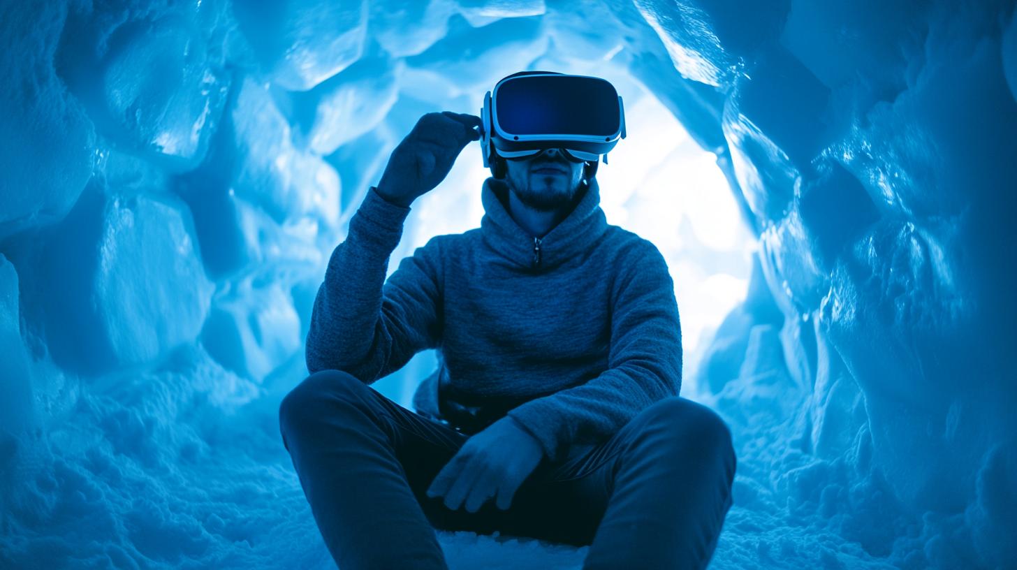 Person wearing VR headset in icy cave environment with blue lighting