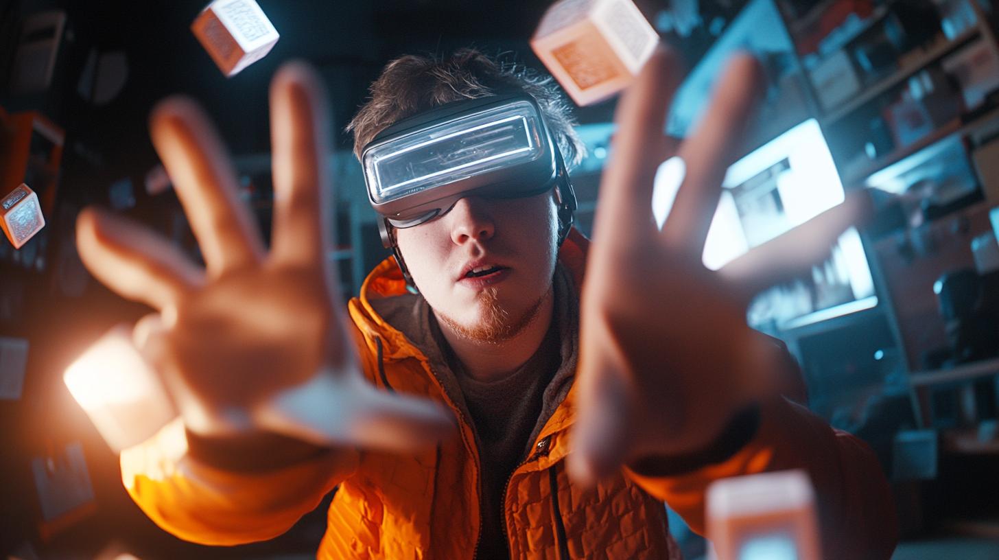 Person wearing virtual reality headset in a dimly lit room reaching out with hands surrounded by floating digital elements futuristic technology concept