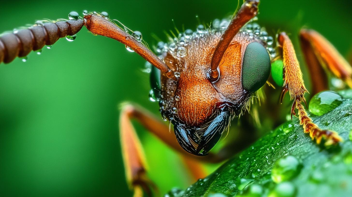 Close-up of a wet wasp on green leaf with droplets showing sharp details of its eyes and antennae.