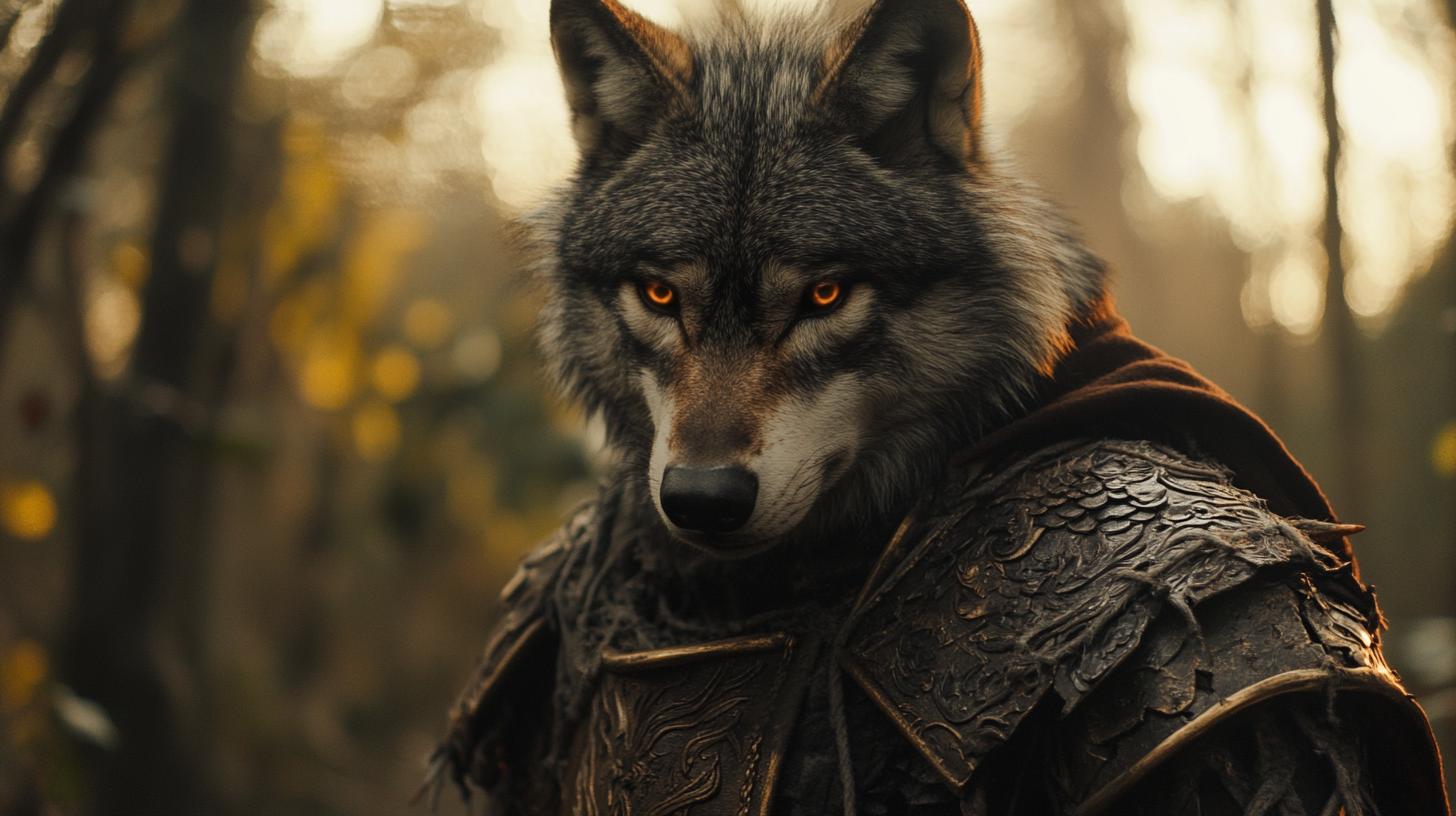 Anthropomorphic wolf in detailed armor standing in a forest setting with a focused expression.