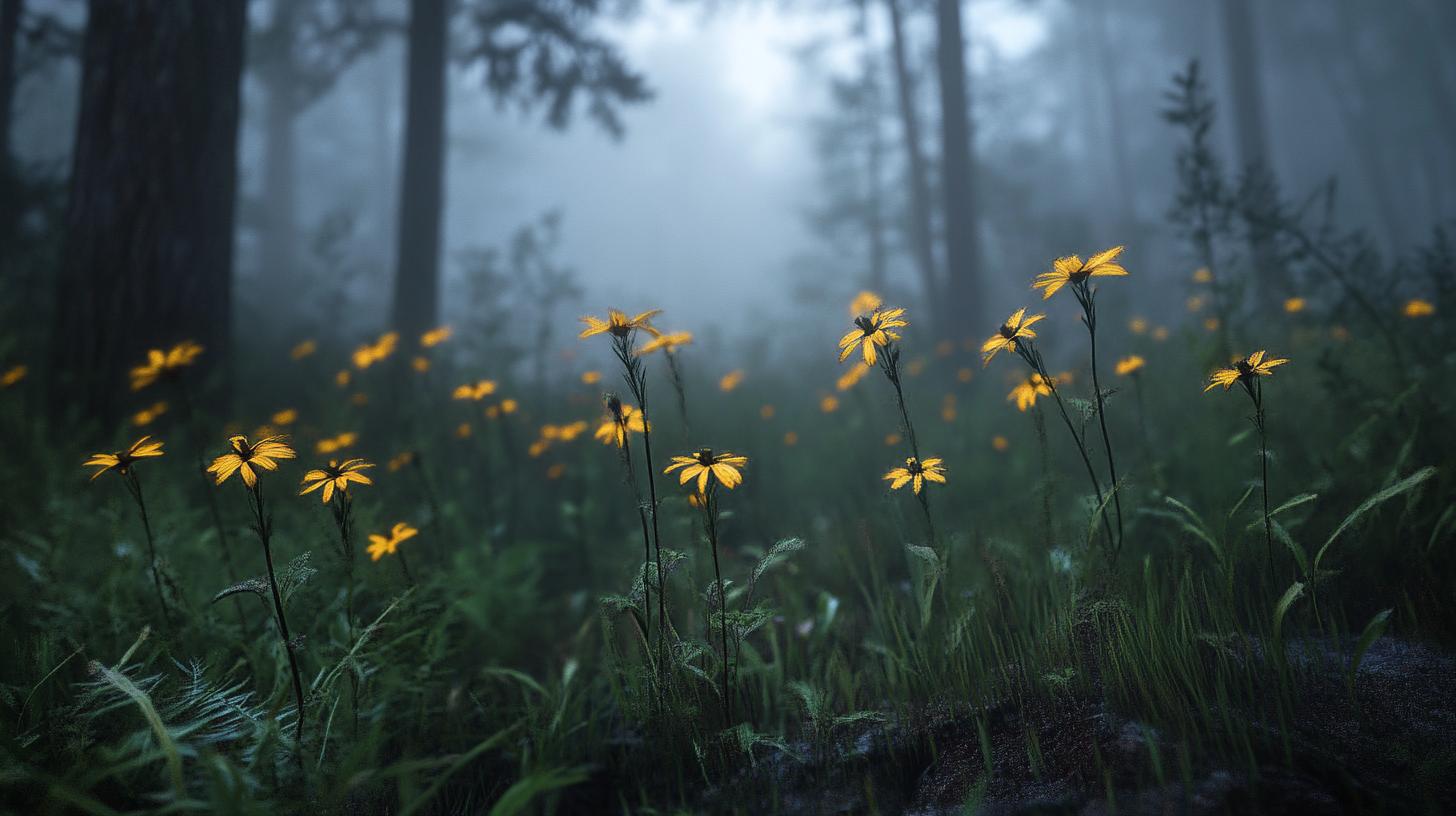 Yellow wildflowers in a misty forest ambiance with dense trees and lush greenery.