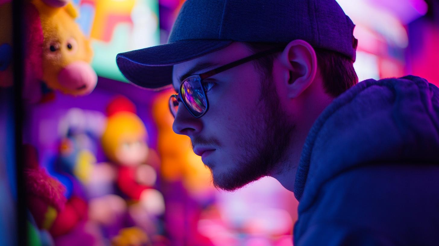 Young man wearing glasses and cap focused on a brightly lit arcade game with colorful plush toys in the background.