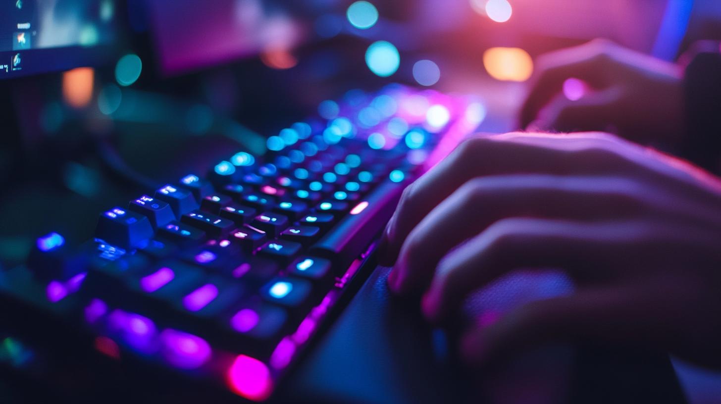 Close-up of hands typing on a colorful backlit gaming keyboard in a dark room environment