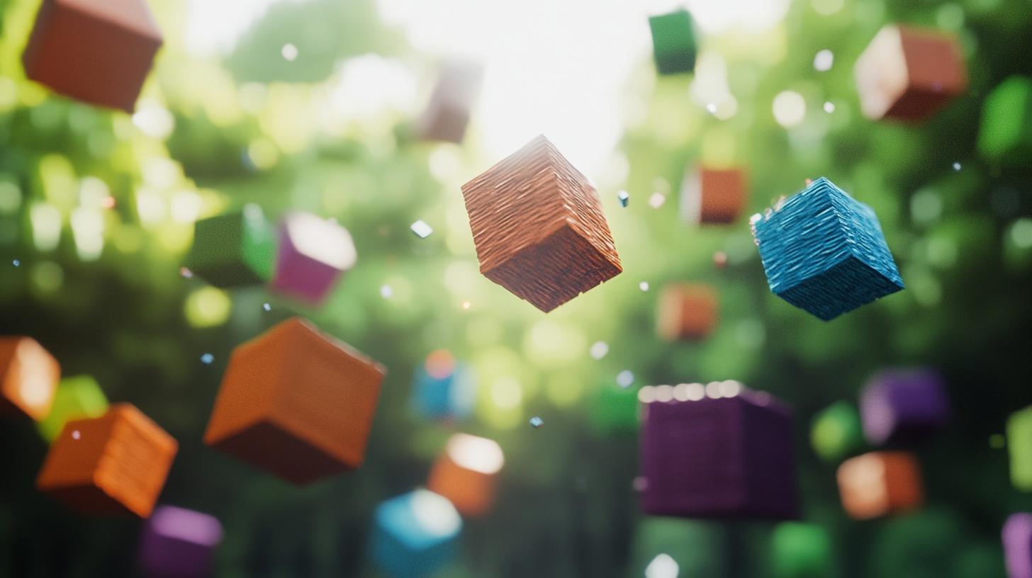 Colorful textured cubes floating in a blurred green background with sunlight peeking through trees.