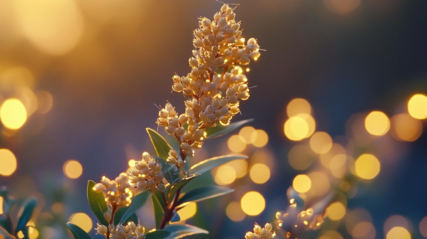 Close-up of a flowering plant with yellow bokeh background during sunset