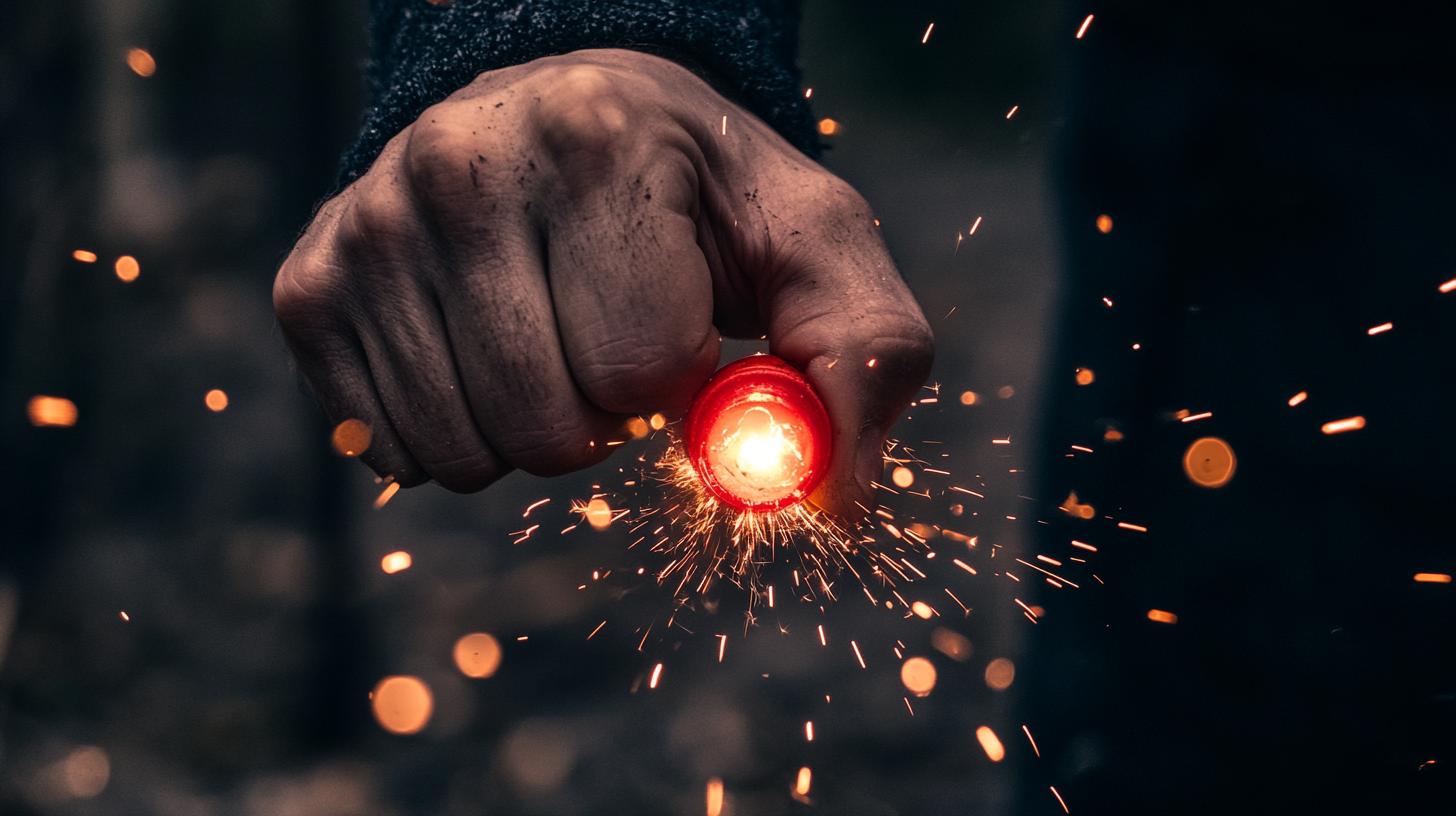 Hand holding a lit firework with sparks flying in dark background.