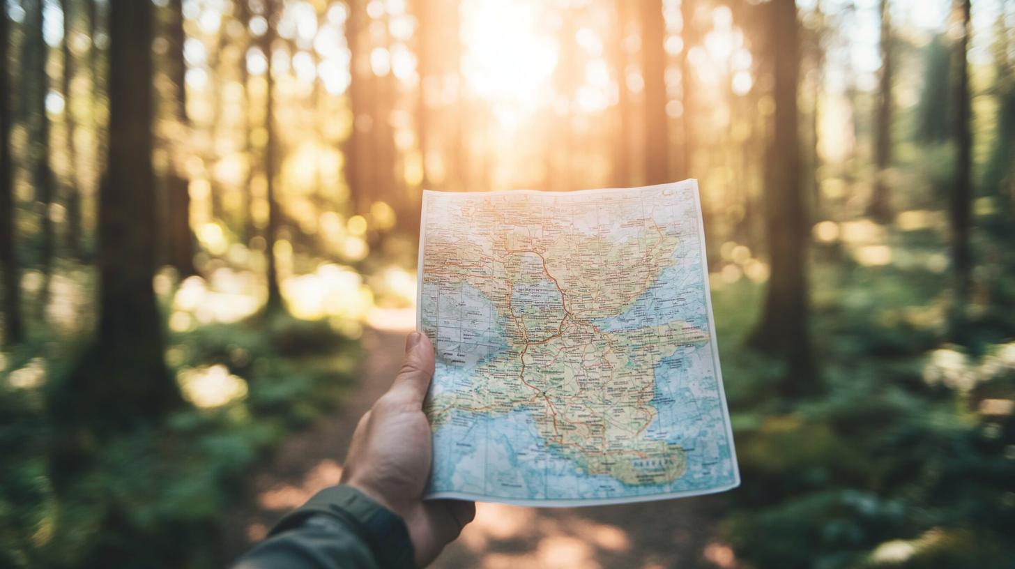 Hand holding a map in a sunlit forest trail atmosphere perfect for adventure and exploration.