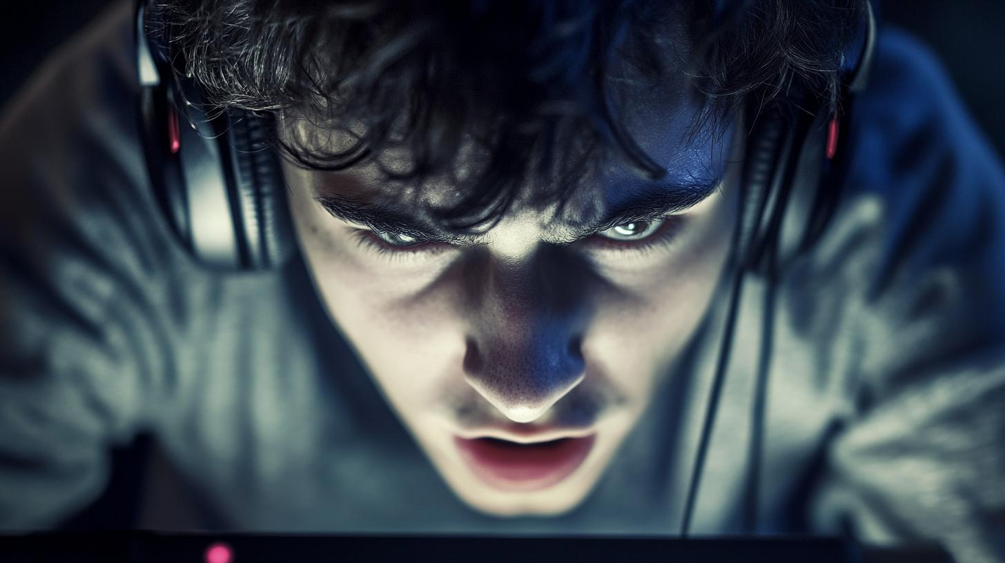 Focused gamer wearing headphones intensely looking at a computer screen in a dimly lit setting.