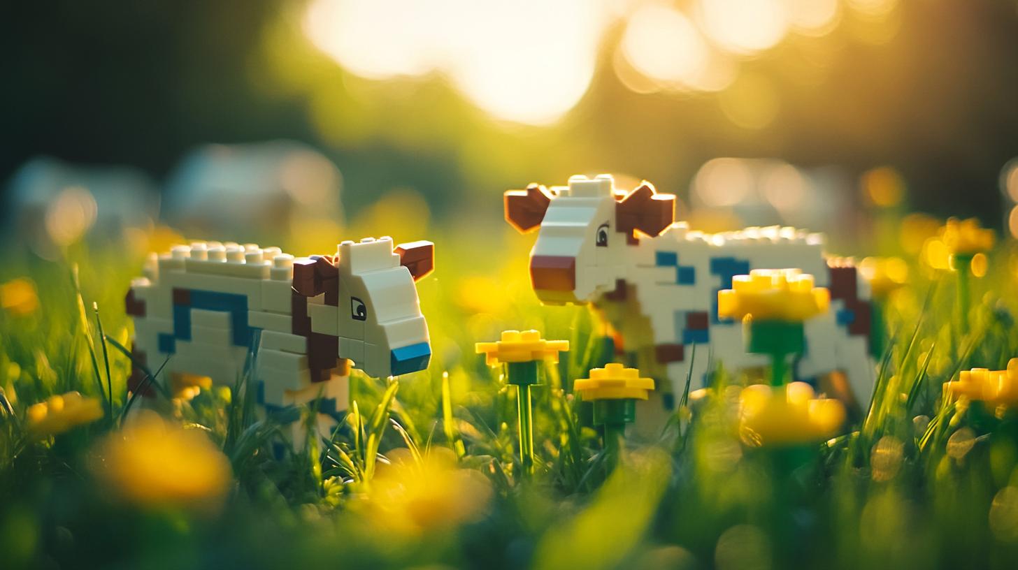 Lego cows in a grassy field with yellow flowers and sunlight in the background.