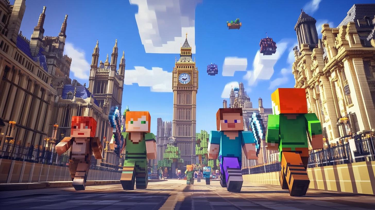 Minecraft characters walking in a blocky version of a city with iconic landmarks in the background under a bright blue sky with clouds.