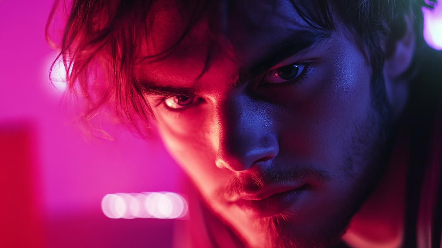 Moody portrait of a person with intense gaze in vibrant pink and purple lighting.