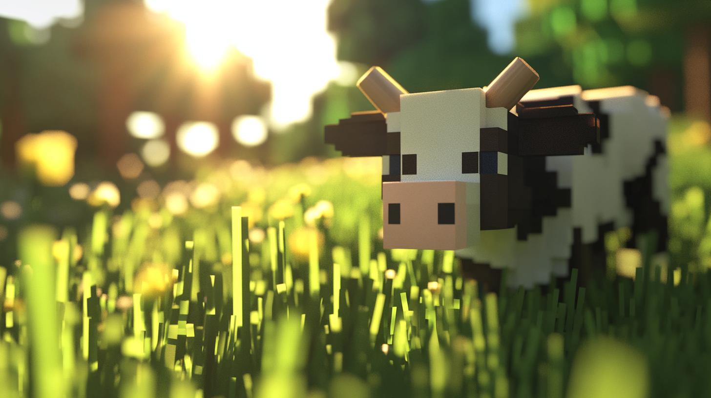 Pixel art cow standing in a grassy field with sunlight streaming through trees in the background