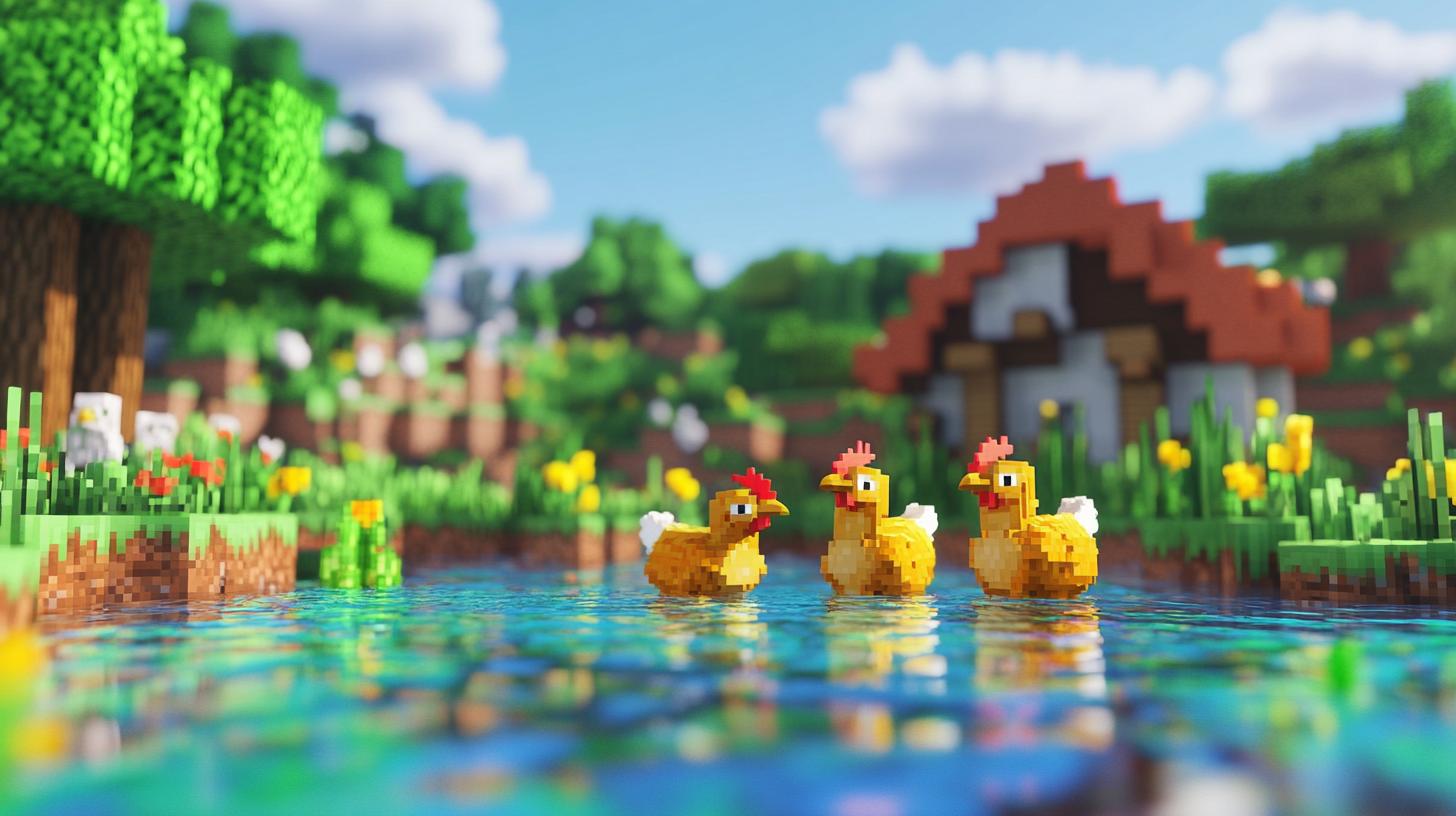 Pixelated chickens swimming in a pond with a blocky house and trees in the background in a Minecraft-style environment.