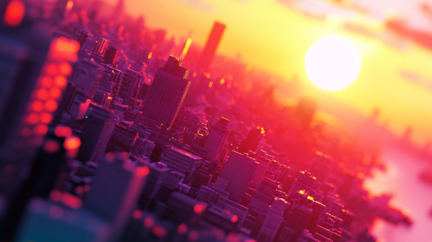 Pixelated cityscape at sunset with vibrant pink and orange hues and a glowing sun in the background