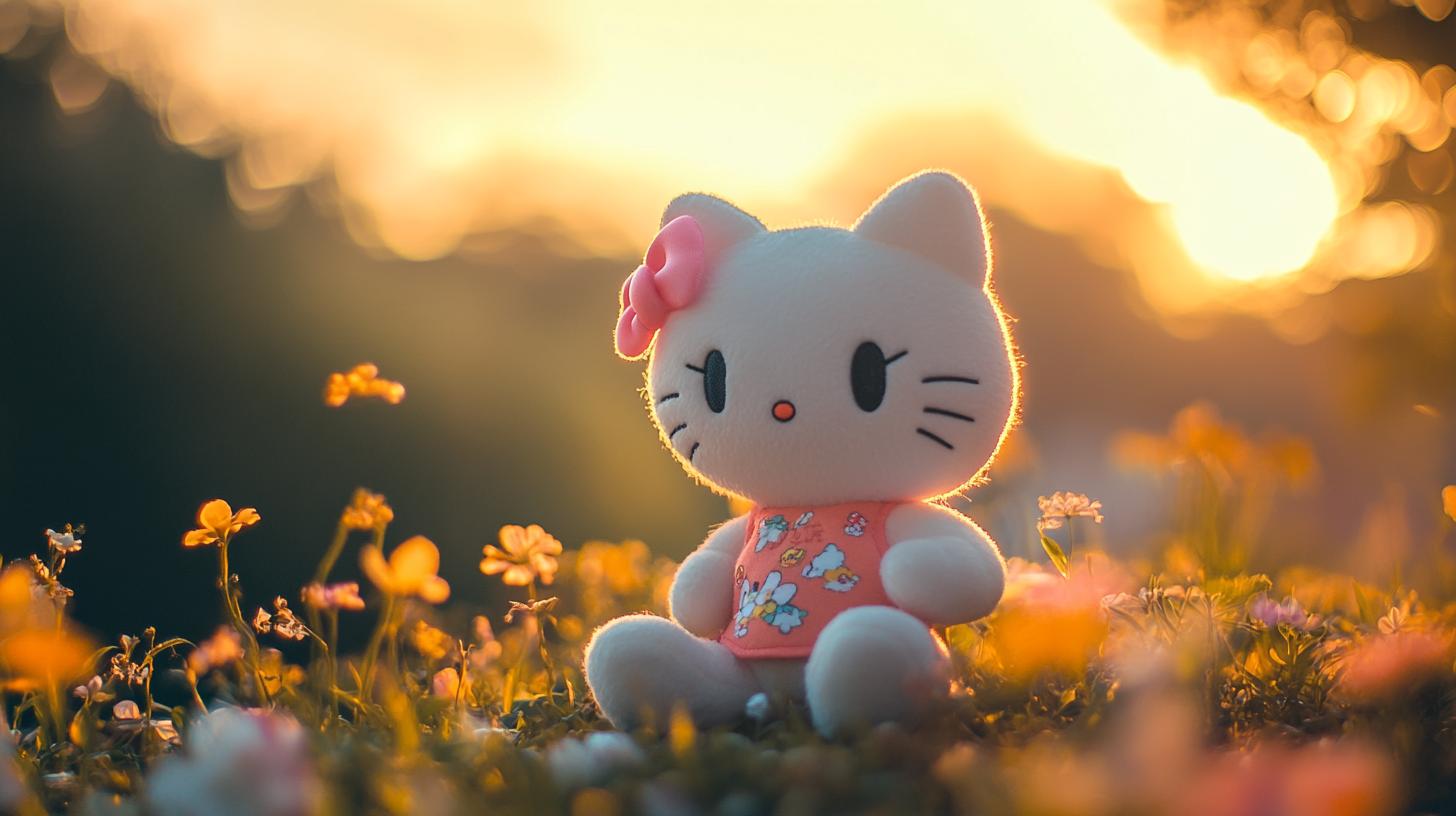 Cute plush cat toy wearing a floral dress sitting in a field of wildflowers during sunset with a soft blurred background