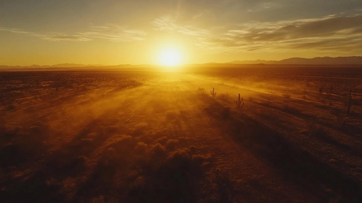 Sunset over desert landscape with cacti and golden light in the sky.