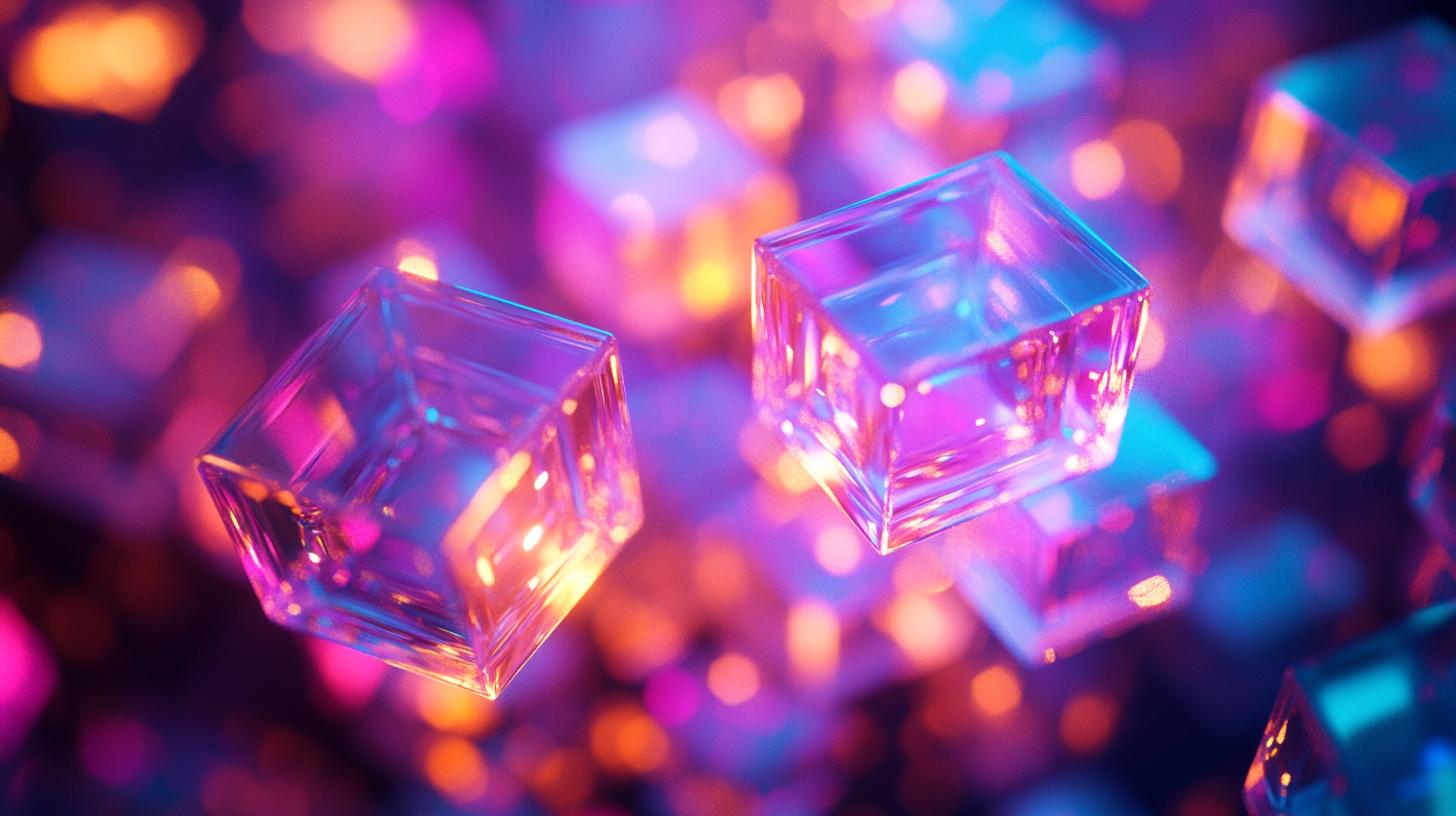 Abstract digital art featuring transparent cubes with vibrant purple and orange lighting creating a futuristic aesthetic